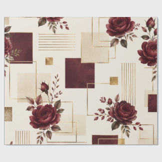 Papel De Presente Bordô Floral Geométrico