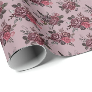 Papel De Presente Borgonha Buquê Floral Médio Cinza Rosa