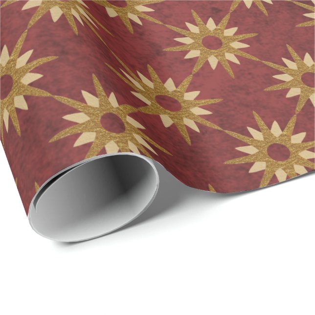 Papel De Presente Borgonha com Dourado padrão de estrelas (Ponta do rolo)