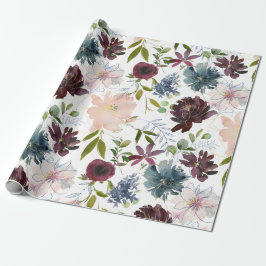 Papel De Presente Borgonha, Marinho e Blush Floral