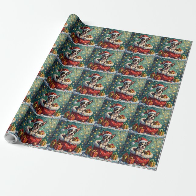 Papel De Presente Boston Terrier Christmas Santa Bag Adventure (Desenrolado)