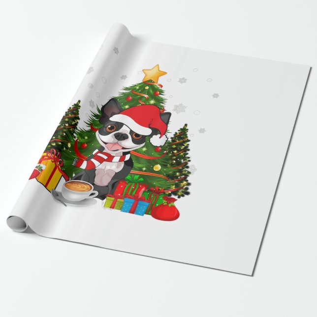 Papel De Presente Boston Terrier Dog Christmas É Gift Coffee Light (Desenrolado)