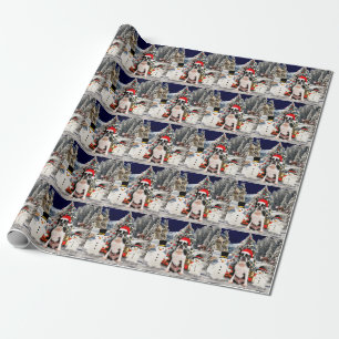 Papel De Presente Boston Terrier Dog em Snow Christmas Santa Hat