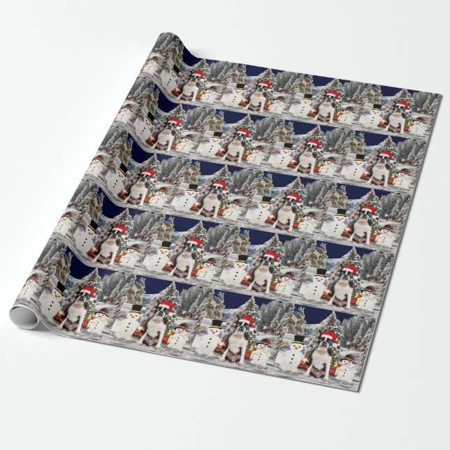 Papel De Presente Boston Terrier Dog em Snow Christmas Santa Hat (Desenrolado)