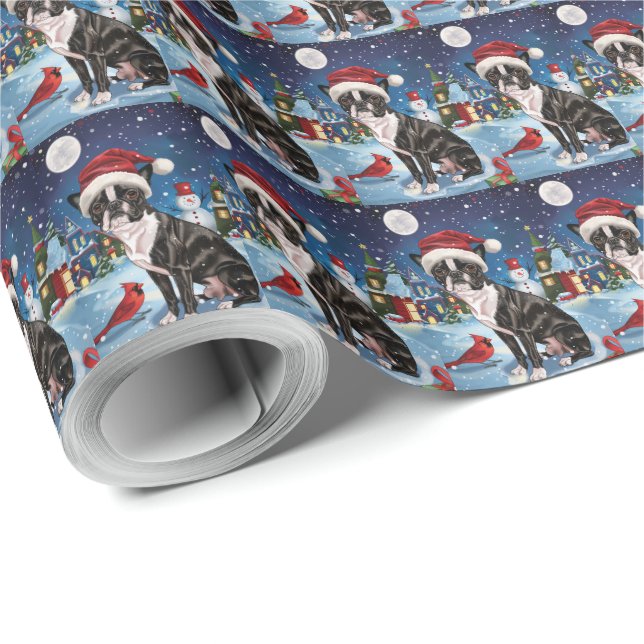 Papel De Presente Boston Terrier Dog Winter Wonderland Natal Joy (Ponta do rolo)