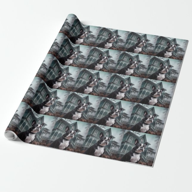 Papel De Presente Boston Terrier Halloween Scary (Desenrolado)