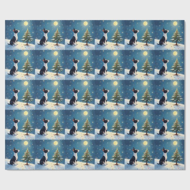 Papel De Presente Boston Terrier Observando as Estrelas no Natal (Aberto)