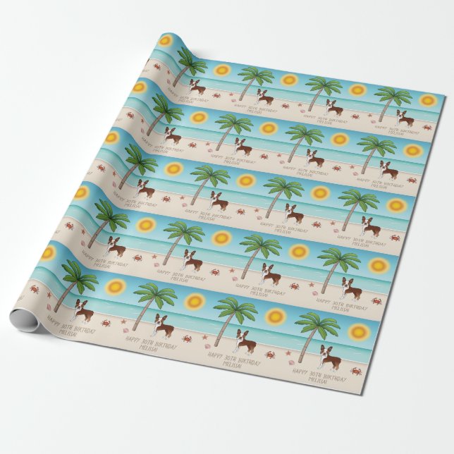 Papel De Presente Boston Terrier Vermelho em uma Praia Tropical de V (Desenrolado)