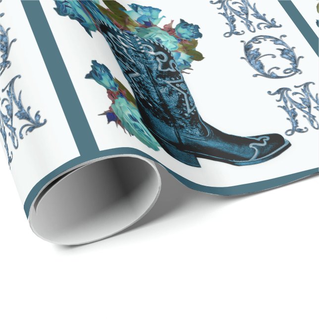 Papel De Presente Bota Cowboy Azul Com Flores Embrulho de Presente p (Ponta do rolo)