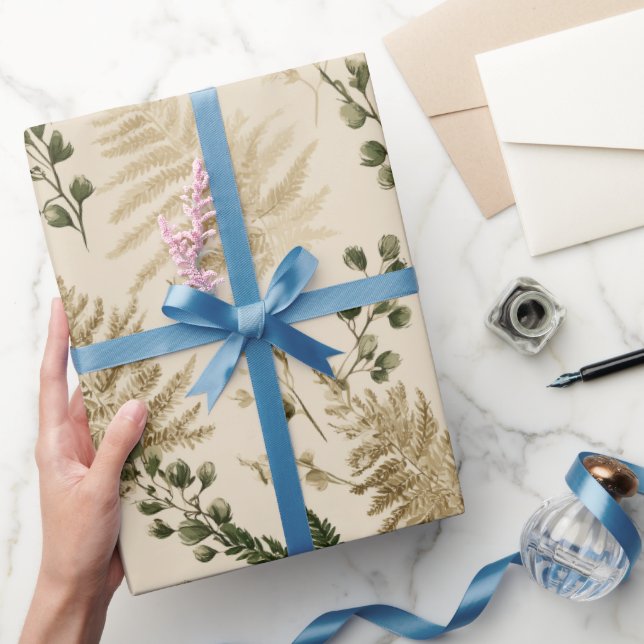 Papel De Presente Botanical Green Fern Beige Floral Pattern (Presentear)