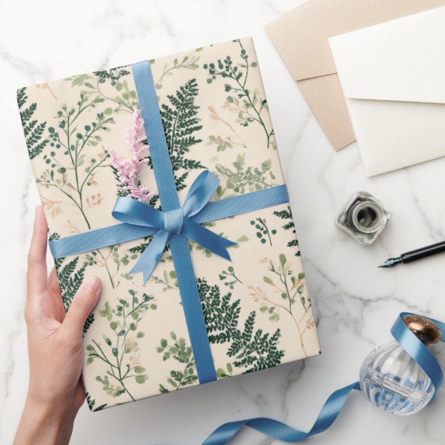 Papel De Presente Botanical Green Fern Beige Floral Pattern (Presentear)