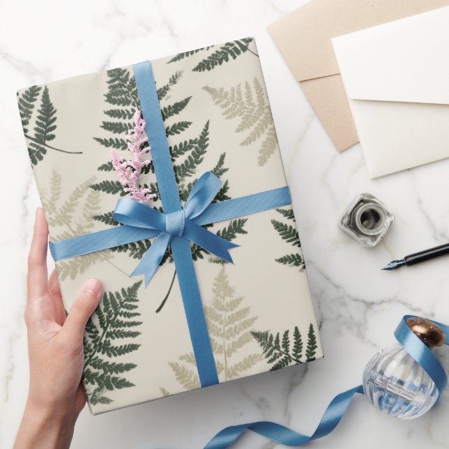 Papel De Presente Botanical Green Fern Beige Floral Pattern (Presentear)