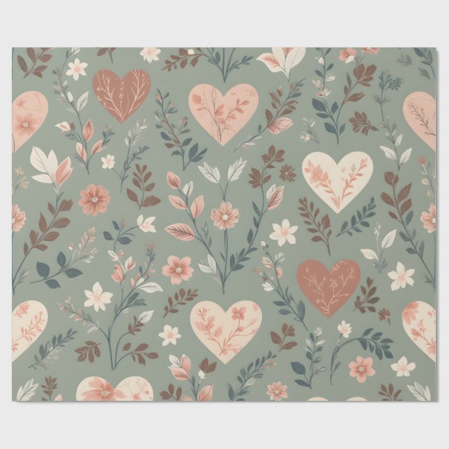 Papel De Presente Botanical Hearts Romantic Floral Seamless Pattern  (Aberto)