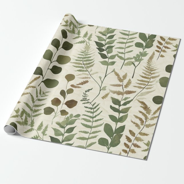 Papel De Presente Botanical Pressed Leaves Pattern – Fern Print (Desenrolado)