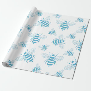 Papel De Presente Botânico Abelha Vintage Azul (1)