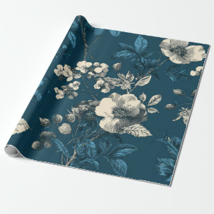 Papel De Presente Botânico Azul Marinho Rústico Floral Vintage Elega
