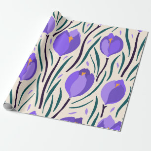 Papel De Presente Botânico de Crocus Roxo Desenhado à Mão Caprichoso