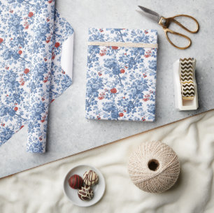 Papel De Presente Botânico Floral Azul Elegante