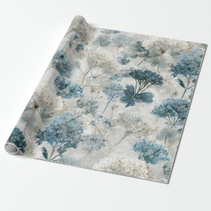 Papel De Presente Botânico Floral Vintage Pastel Azul Branco Rústico