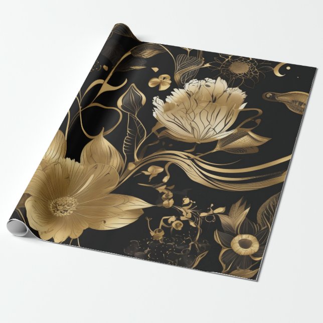 Papel De Presente Botânicos Pretos e Dourados: Opulência Floral (Desenrolado)