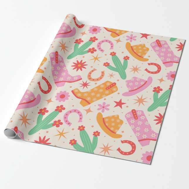Papel De Presente Botas e Chapéus de Cowgirl Groovy com padrão de Ca (Desenrolado)