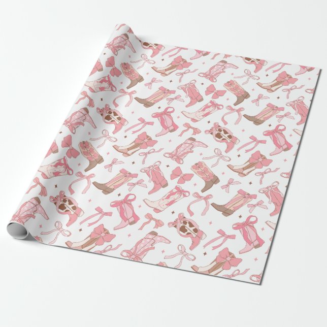 Papel De Presente Botas Rodeo Rosa Ocidental com Laços Chá de Noiva (Desenrolado)