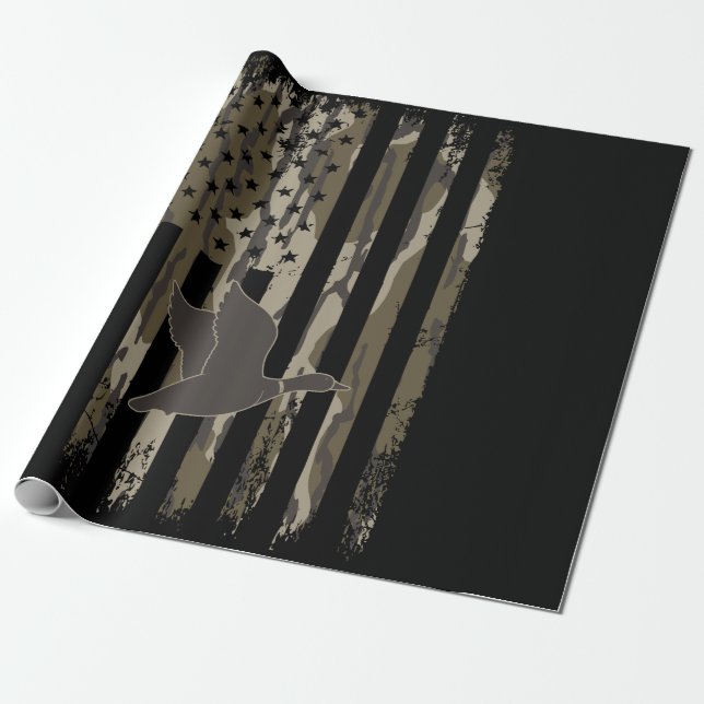 Papel De Presente Bottomland Camo Duck Hunting American Flag EUA (Desenrolado)