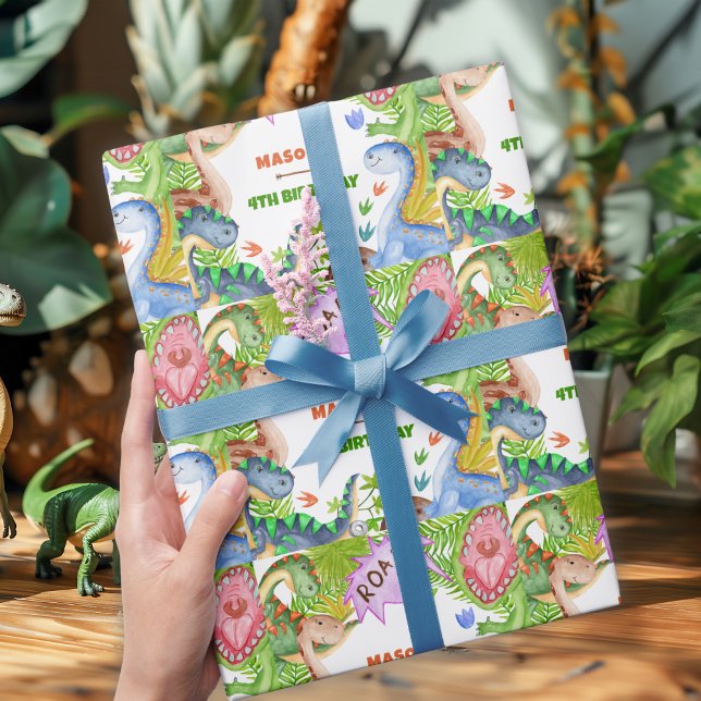 Papel De Presente Boy Dinosaur 4th Birthday Invitation (Criador carregado)