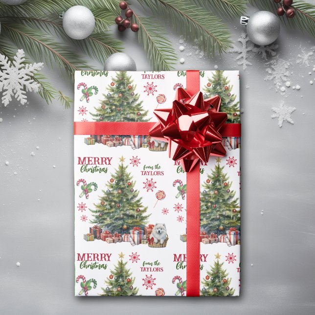 Papel De Presente Branca Samoted Puppy debaixo da árvore de Natal (Criador carregado)