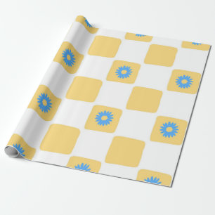 Papel De Presente Branco Amarelo Verificado Com Padrão De Flor Azul