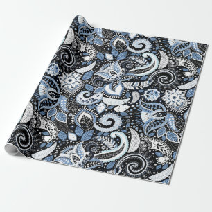 Papel De Presente Branco e Azul Estampa Paisley Festa de Aniversário
