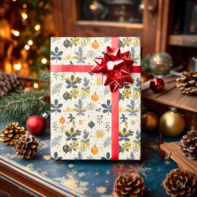 Papel De Presente Branco Elegante Personalizado e Natal Dourado (Criador carregado)