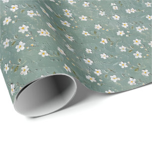 Papel De Presente Branco Floral Dusty Verde