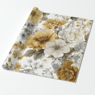 Papel De Presente Branco Rústico Amarelo Botânico Floral Vintage