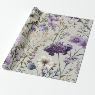 Papel De Presente Branco Rústico Floral Botânico Vintage Roxo