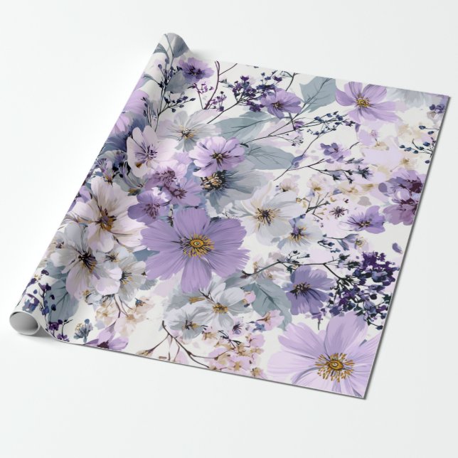 Papel De Presente Branco Rústico Flores Botânicas Roxas Florais Vint (Desenrolado)