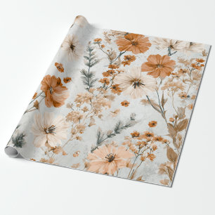 Papel De Presente Branco Rústico Laranja Botânico Vintage Boho Flora