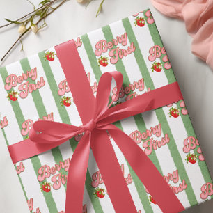 Papel De Presente Branco Rústico Morango Verde Aniversário de Um Ano