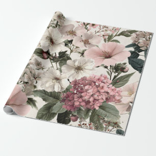 Papel De Presente Branco Rústico Rosa Botânico Floral Vintage Pastel