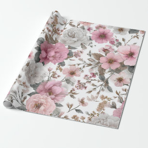 Papel De Presente Branco Rústico Rosa Botânico Floral Vintage Pastel