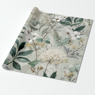 Papel De Presente Branco Rústico Verde Botânico Vintage Boho Floral