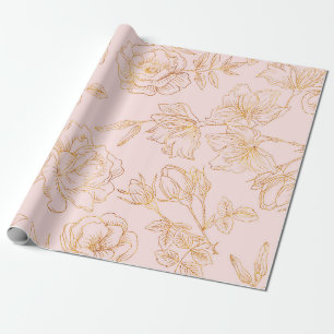 Papel De Presente Brandamente rosa, com as rosas esboçadas ouro