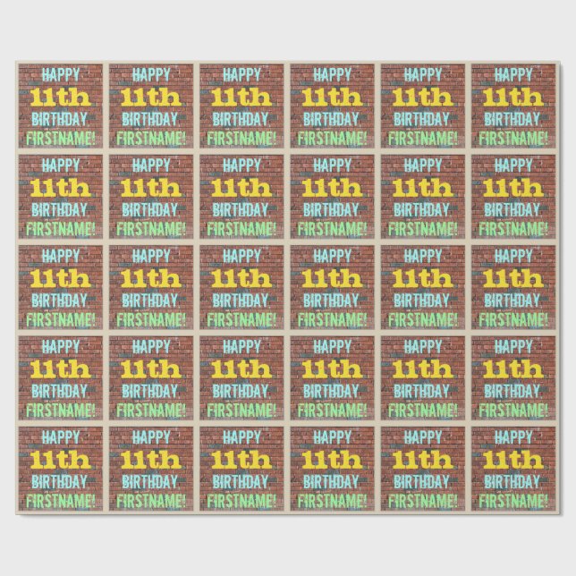 Papel De Presente Brick Wall Grafite inspirado 11 Aniversário + Nome (Aberto)