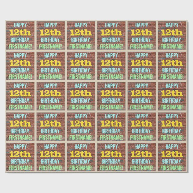 Papel De Presente Brick Wall Grafite inspirado 12 Aniversário + Nome (Aberto)