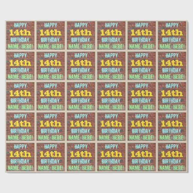 Papel De Presente Brick Wall Grafite inspirado 14 Aniversário + Nome (Aberto)