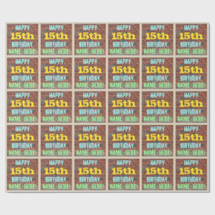 Papel De Presente Brick Wall Grafite inspirado 15 Aniversário + Nome