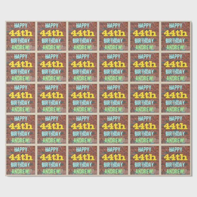 Papel De Presente Brick Wall Grafite inspirado 44 Aniversário + Nome (Aberto)