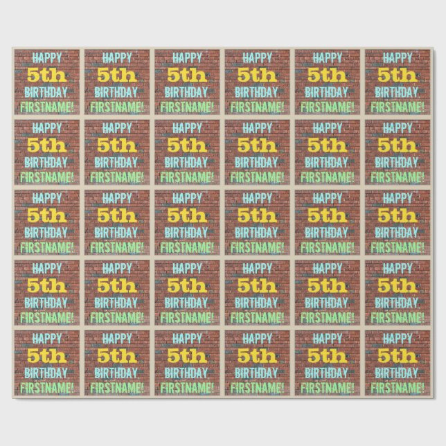 Papel De Presente Brick Wall Grafite inspirado 5 Aniversário + Nome (Aberto)