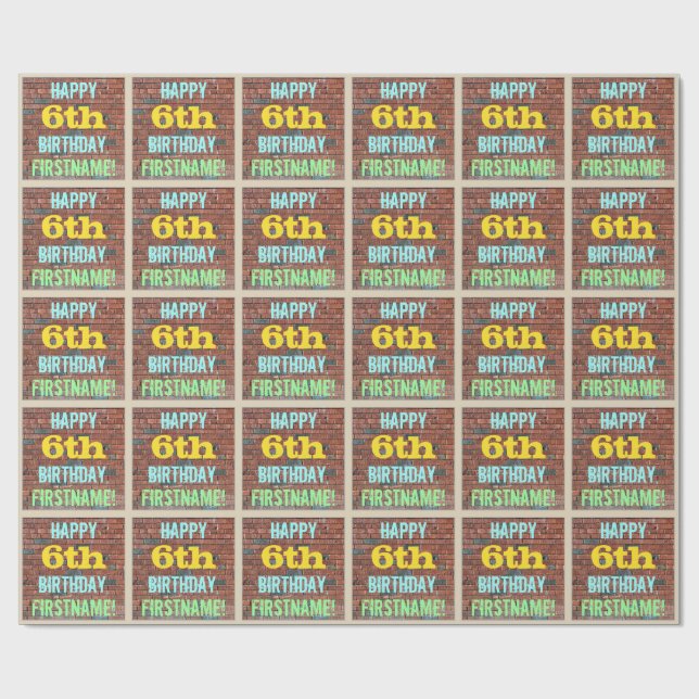 Papel De Presente Brick Wall Grafite inspirado 6 Aniversário + Nome (Aberto)