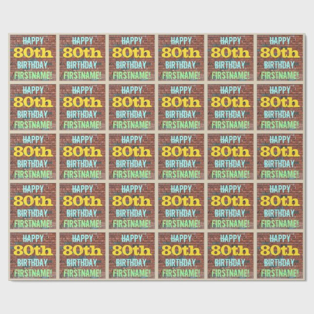 Papel De Presente Brick Wall Grafite inspirado 80 Aniversário + Nome (Aberto)